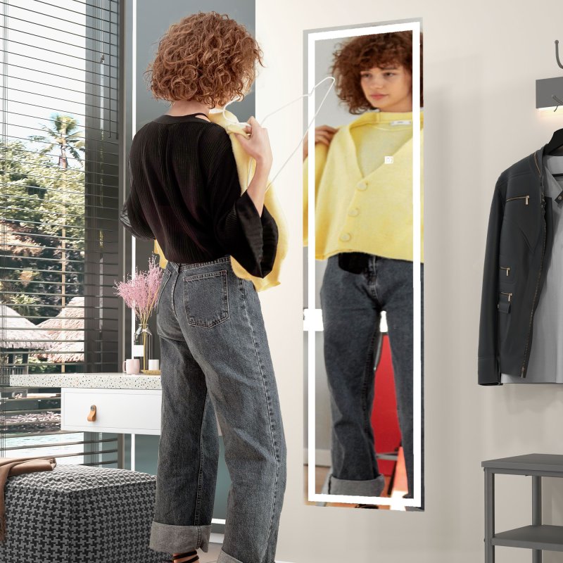 HOMCOM Full Length Mirror with LED Lights, 150x40cm Floor Mirror, Free Standing, Wall Mounted or Leaning, Full Size Body Mirror with Dimmable and 3 Colour Lighting for Bedroom, 32W, White