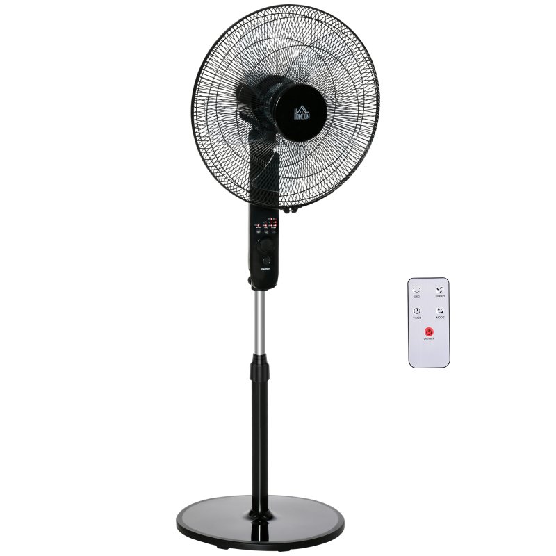 HOMCOM 18" Pedestal Fan with Sleep Mode, Oscillating Standing Fan with 3 Modes, Remote Control, Floor Fan with Adjustable Height, 3 Speed, 7.5-Hour Timer, Black
