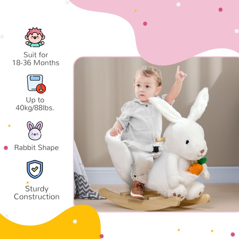 HOMCOM Kids Rocking Horse, Plush Rabbit-Shaped Baby Rocking Animal w/ Carrot Toy, Safety Harness, Realistic Sounds, Foot Pedals, for Toddlers Aged 18-36 Months - White
