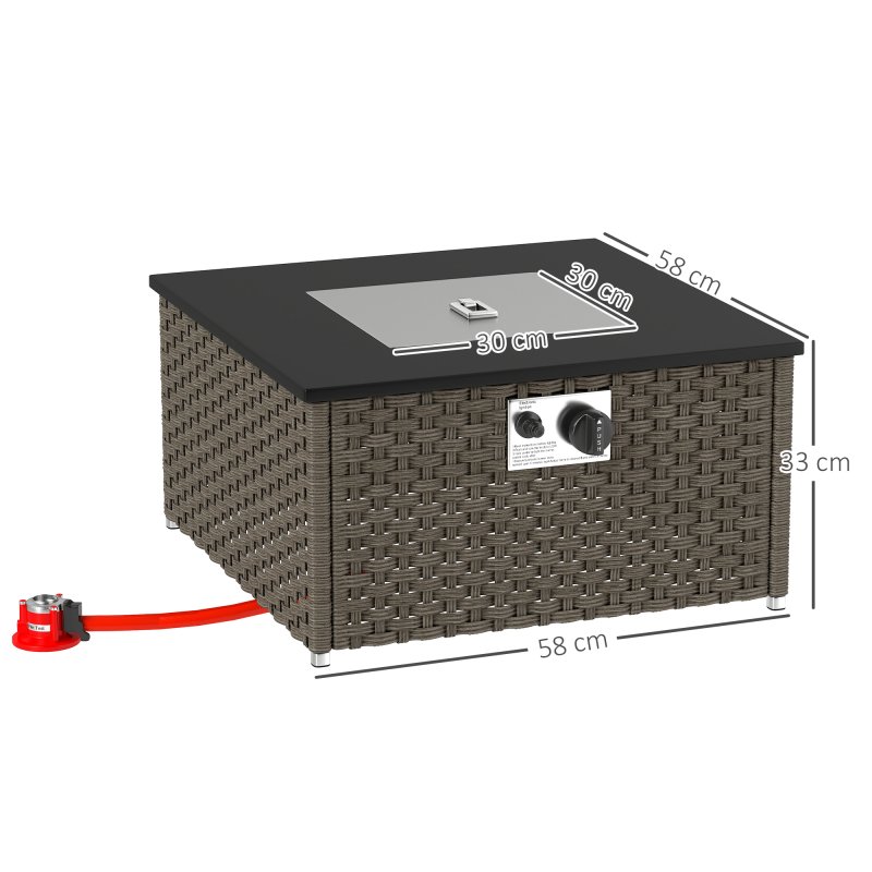 Outsunny Rattan Gas Fire Pit Table for Garden, 13 KW Smokeless Propane Fire Pit with Lid, Square Garden Coffee Table with Patio Heater for Outdoor, Patio, 58 x 58 x 33 cm, Grey
