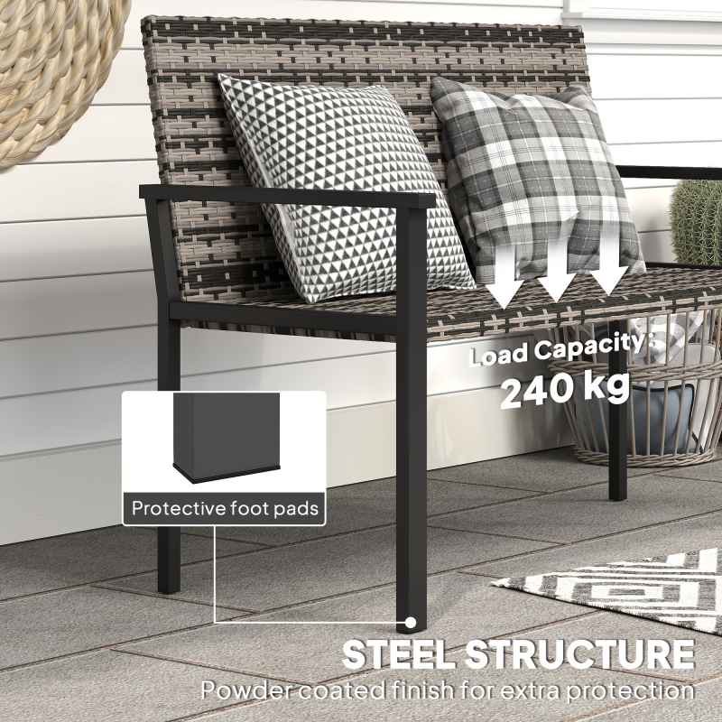 Outsunny 2 Seater Rattan Garden Bench, Outdoor Bench with Quick-Drying Cotton Padding, Wicker Garden Loveseat with Armrests, Steel Frame for Patio, Park, Mixed Grey