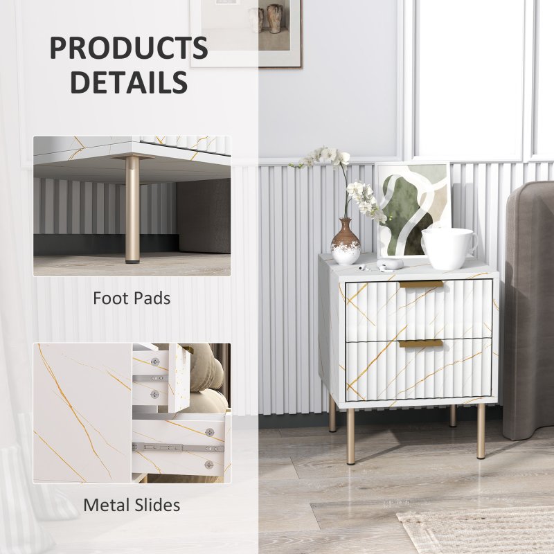 HOMCOM Marble Pattern Bedside Table, Fluted Bedside Cabinet with 2 Drawers, Side End Table with Steel Legs for Bedroom, White