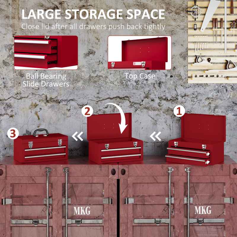 DURHAND 2 Drawer Tool Chest, Lockable Metal Tool Box with Ball Bearing Runners, Portable Toolbox, 460mm x 240mm x 220mm, Red