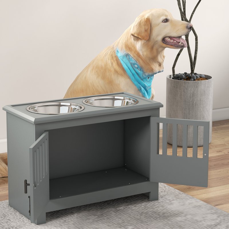 PawHut Raised Dog Bowls for Large Dogs, Pet Feeding Station, Doors with Latch, Storage Cabinet, Two Stainless Steel Bowls - Grey
