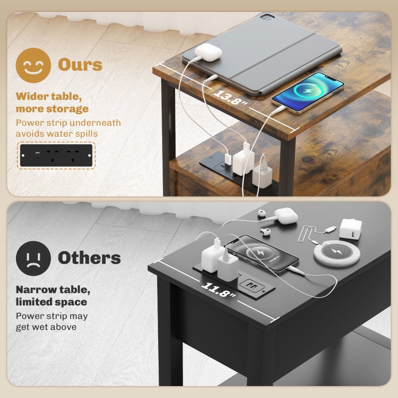 HOMCOM Side Table with Charging Station, USB Ports and Power Outlets, Narrow Bedside Table with 2 Drawers and Shelf for Living Room, Bedroom, Rustic Brown