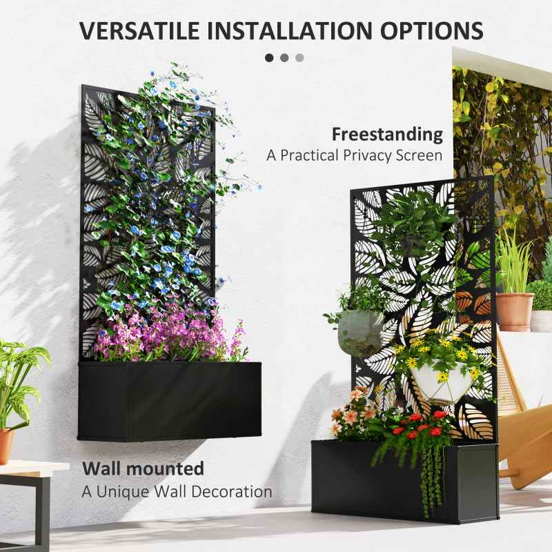 Outsunny Metal Garden Bed with Trellis, Wall Mounted or Freestanding Raised Planter with Privacy Panel, Leaf Cut-out Privacy Screen with Planter Box for Climbing Plants, Flowers, Vegetables