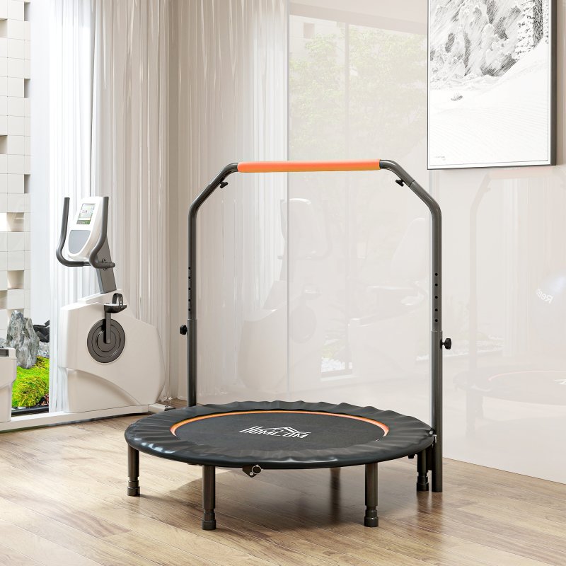 HOMCOM 45" Foldable Mini Trampoline Fitness Trampoline Rebounder for Adults with Adjustable Foam Handle, for Indoors, Outdoors, Cardio Training, Orange