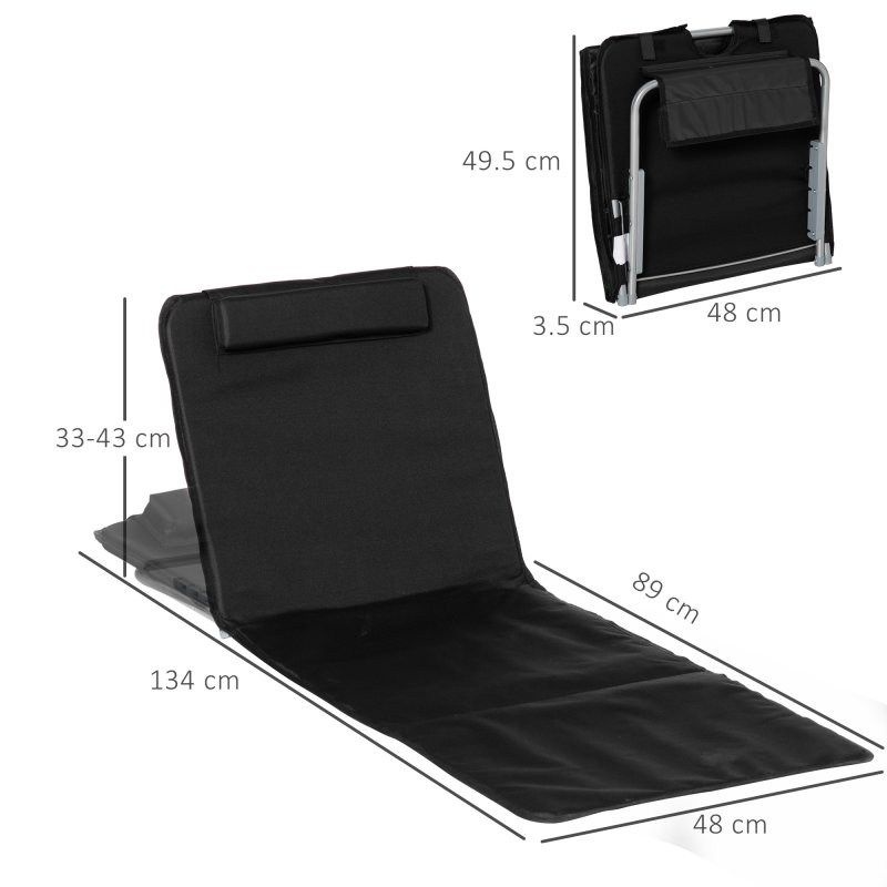 Outsunny Set of 2 Foldable Garden Beach Chair Mat Lightweight Outdoor Sun Lounger Seats Adjustable Back Metal Frame PE Fabric Head Pillow w/ Carry Bag, Black