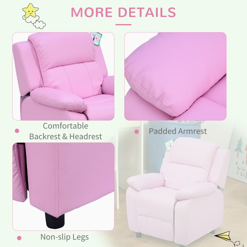 HOMCOM Kids Sofa Armchair Toddler Recliner Children's Chair Lounger Games Chair  PU Leather w/ Storage  (Pink)