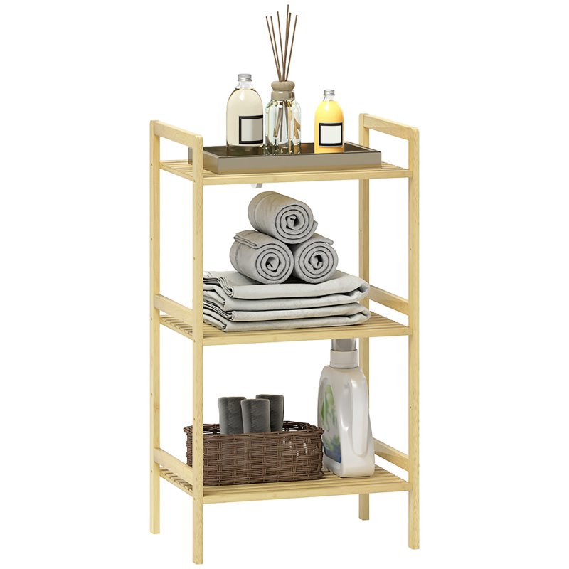 HOMCOM 3-Tier Bamboo Bathroom Storage Shelf, Freestanding Shelving Unit with Adjustable Rack for Kitchen Bathroom Living Room