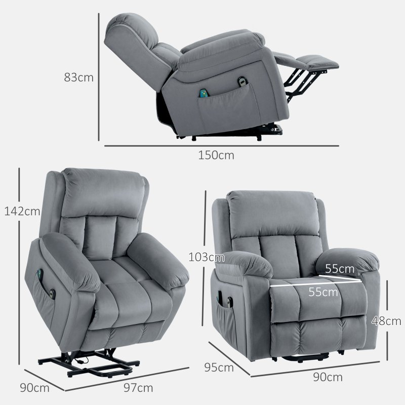 HOMCOM Power Lift Riser and Recliner Chair with Vibration Massage and Heat, Leathaire Fabric Electric Lift Chair for Elderly with Remote Controllers, Side Pocket, Pocket Spring, Grey