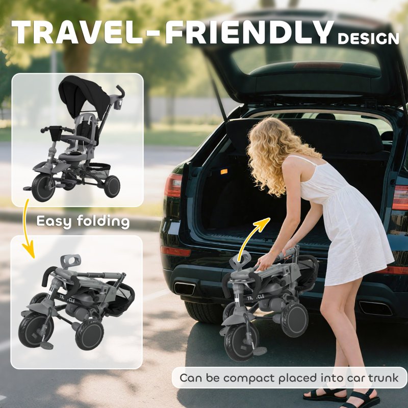 AIYAPLAY Kids Trike, 6 in 1 Toddler Tricycle with Adjustable Parent Handle & Canopy, Convertible Seat, for Ages 1-5 Years, Foldable Baby Trike with Safety Harness, Storage Basket & Bag, Black