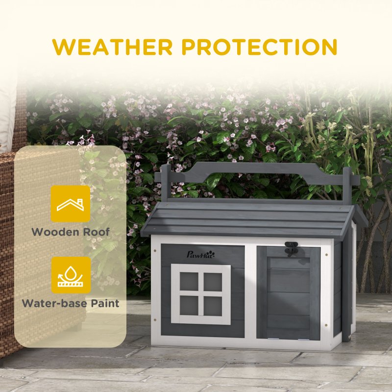 PawHut Rabbit Hutch Cat House Puppy House Guinea Pig Hutch Small Animal House Portable Wooden Indoor Outdoor with 2 Rooms Top Handle, Openable Roof - Grey