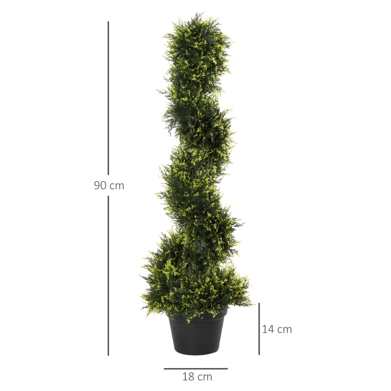 Outsunny 90cm/3FT Artificial Trees, Spiral Topiary Trees w/ Pot Set Of 2, Fake Indoor Outdoor Greenery Plant Home Office Garden Decor Green