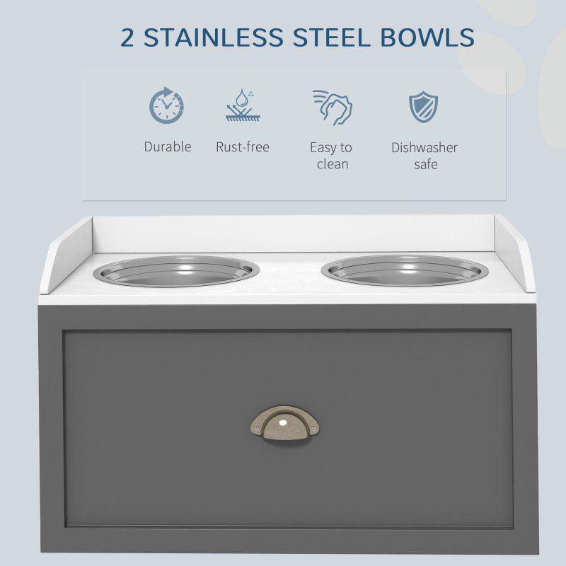 PawHut Stainless Steel Raised Dog Bowls, Double Dog Food and Water Bowl w/ 21L Storage Drawer, for Large Dogs - Grey