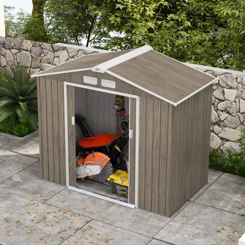 Outsunny 7 x 4ft Metal Garden Shed, Outdoor Storage Tool House with Ventilation Slots, Foundation Kit and Lockable Double Doors, Light Brown