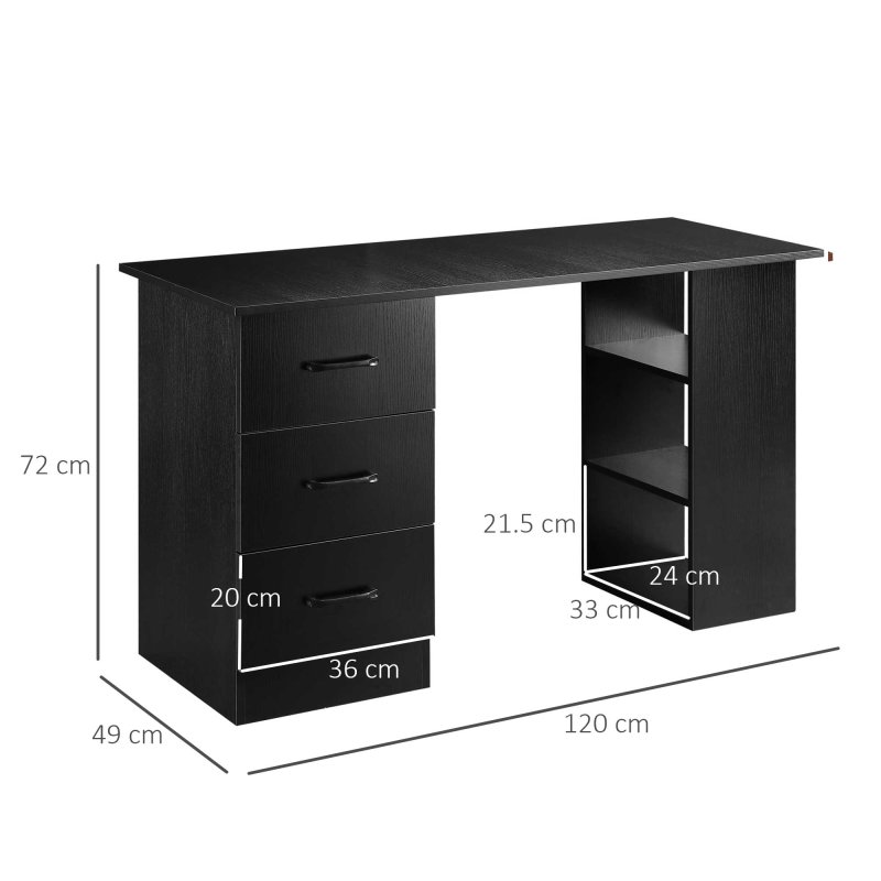 HOMCOM Computer Desk, Writing Table, PC Workstation with 3 Storage Shelves and Drawers, Black Handle, for Home Office