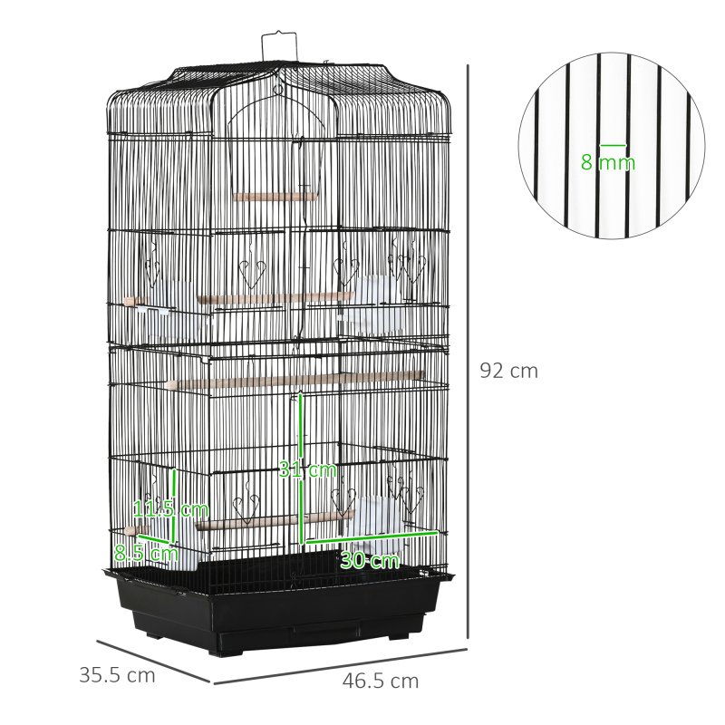 PawHut Bird Cage with Perches, Food Bowls, Swing, Parrot Cage for Budgie, Parakeet, Small Bird, 46.5 x 35.5 x 92cm, Black