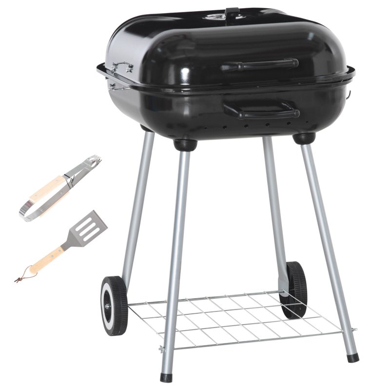 Outsunny Portable BBQ Charcoal Grill with 2 Wheels and Cooking Utensils, Smoker Grill with Lid for Outdoor Barbecues, Camping, Picnic, Courtyard