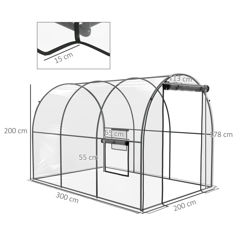 Outsunny 3 x 2 x 2m Polytunnel Greenhouse with Roll-up Door and Mesh Window, Walk-in Grow House Tent with Plastic Cover and Steel Frame, Clear