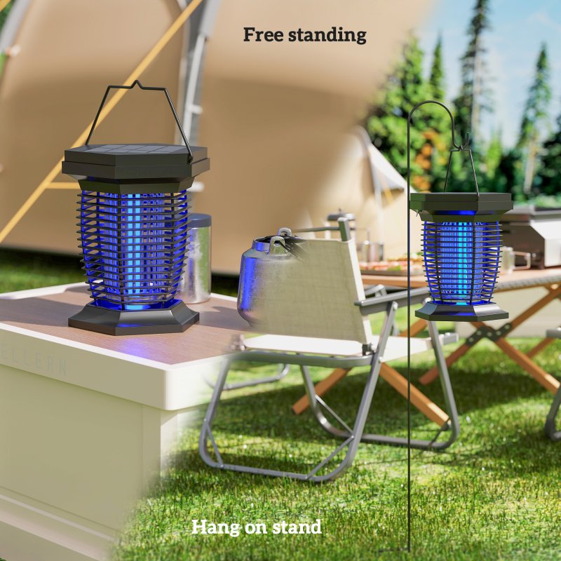Outsunny 2-in-1 Electric Fly Zapper with UVA Light, Hanging Garden Lantern, Solar and USB-DC Rechargeable Insect Mosquito Bug Zapper, Fly Killer for Indoor and Outdoor Use, Black