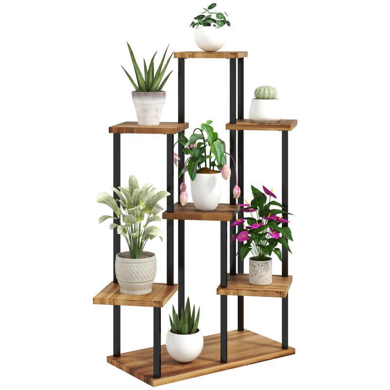 Outsunny 5 Tier Plant Stand Indoor Outdoor, Tiered Corner Steel Wood Plant Shelf for Multiple Plants, Tall Flower Stand Display Rack for Garden Patio Balcony Living Room, Carbonised Finish