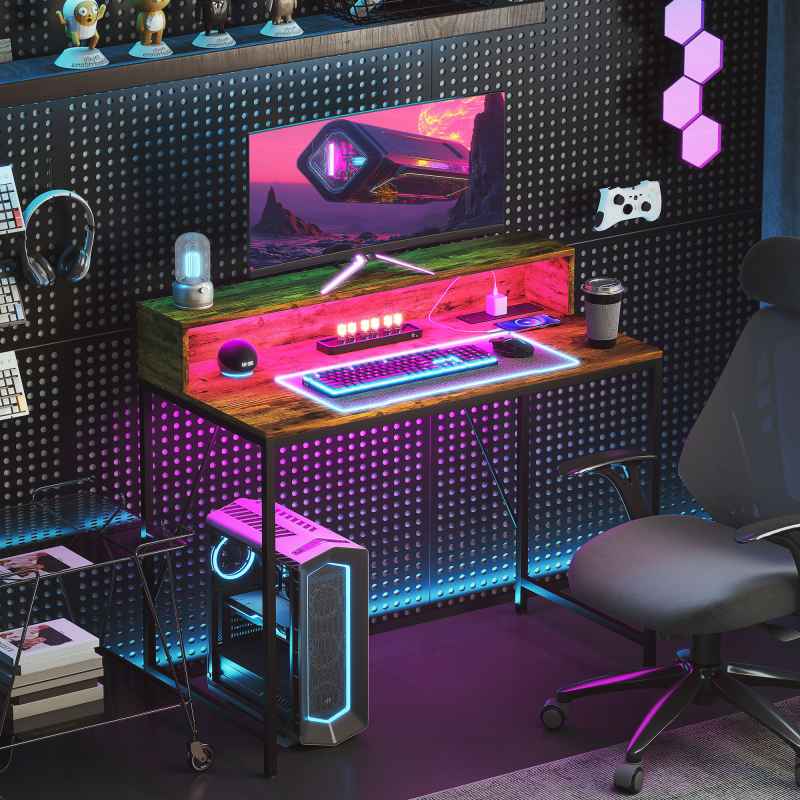 HOMCOM 100cm Computer Desk with LED Lights and Power Outlets, Gaming Desk with Monitor Stand, Computer Table with Remote for Home Office Study, Rustic Brown