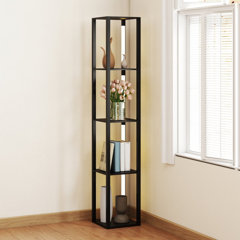 HOMCOM LED Floor Lamp with Shelves, 4 Layers Dimmable Modern Standing Lamp with 3 Brightness Levels and Foot Switch for Living Room, Bedroom, Office, Black