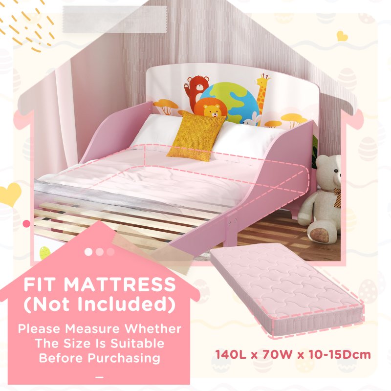 AIYAPLAY Toddler Bed, Cute Animal-Themed Kids Bed Frame with Safety Rails, Kids Bedroom Furniture, 143 x 77 x 60cm, Pink