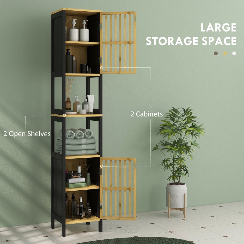 HOMCOM Tall Bathroom Storage Cabinet, Slim Bamboo Bathroom Cabinet with 2 Open Compartments, 2 Slatted Doors and Adjustable Shelves