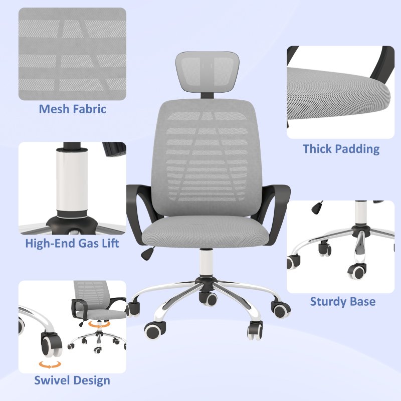 Vinsetto Mesh Office Chair, Ergonomic Computer Desk Chair with Adjustable Headrest, Lumbar Back Support, Armrest, Adjustable Height, Swivel Wheels, Grey
