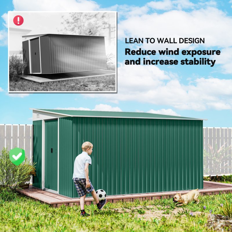 Outsunny 11.3 x 9.2ft Lean to Metal Garden Shed, Outdoor Galvanised Tool Storage House with Double Sliding Doors and 2 Air Vents, Green