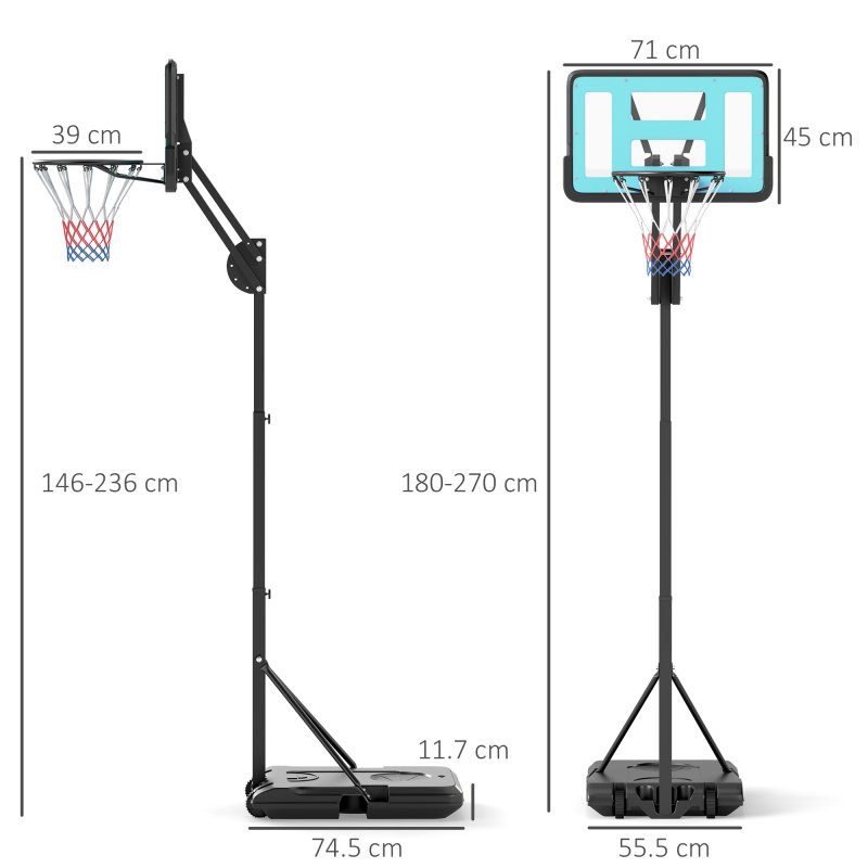 SPORTNOW Fully Adjustable Basketball Hoop Outdoor, 146-236cm Basketball Hoop and Stand with Weighted Base and Shatterproof Backboard, Portable on Wheels for Junior, Adults