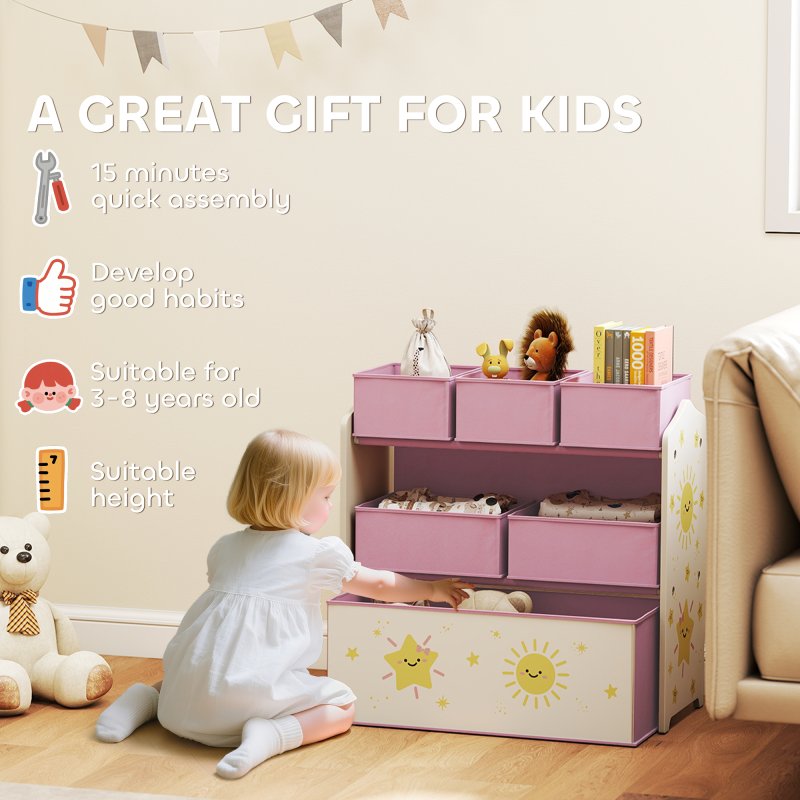 AIYAPLAY Kids Toy Storage Units, 3-Tier Toy Organiser Shelf with 6 Removable Fabric Boxes for Kids, Boys, Girls, Bedroom, Playroom, Nursery, Pink