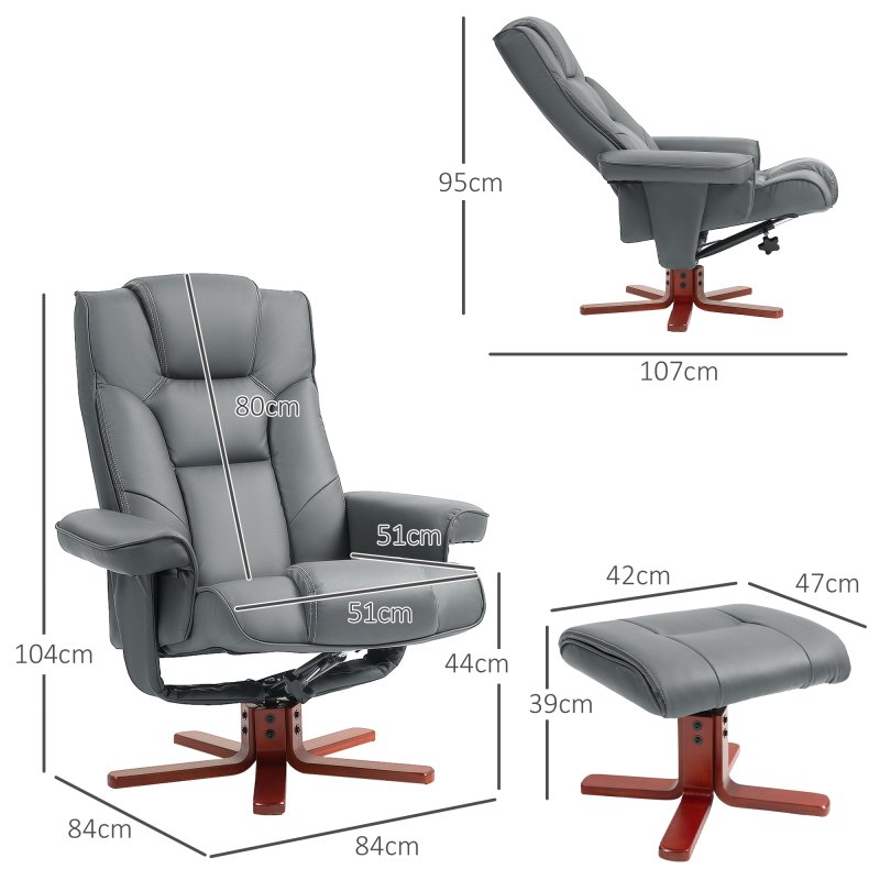HOMCOM Recliner Chair with Footstool, PU Leather Upholstered Armchair with Adjustable Backrest, Leisure Lounge Chair for Living Room, Bedroom, Grey