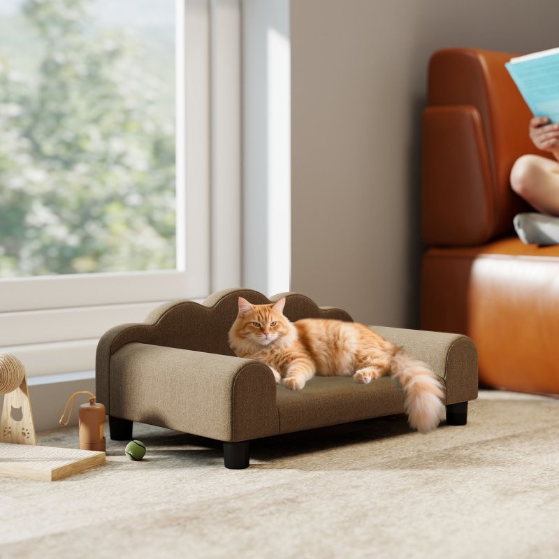 PawHut Dog Sofa Bed, Elevated Cat Sofa with Backrest and Armrest, Breathable Pet Lounge for Indoor Small Dogs, Brown