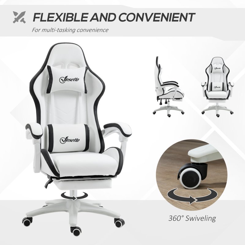 Vinsetto Computer Gaming Chair, PU Leather Office Desk Chair with Footrest, Swivel Wheels, 135?? Reclining Back, Lumbar Support, Headrest for Home, White and Black