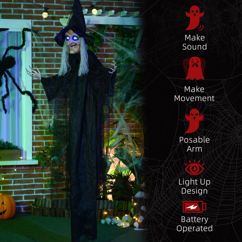 HOMCOM 6ft Outdoor Halloween Decoration Witch, Standing Witch Prop Life Size with Sound and Motion Activated, Light Up Eyes, Talking Sound, Posable Arms