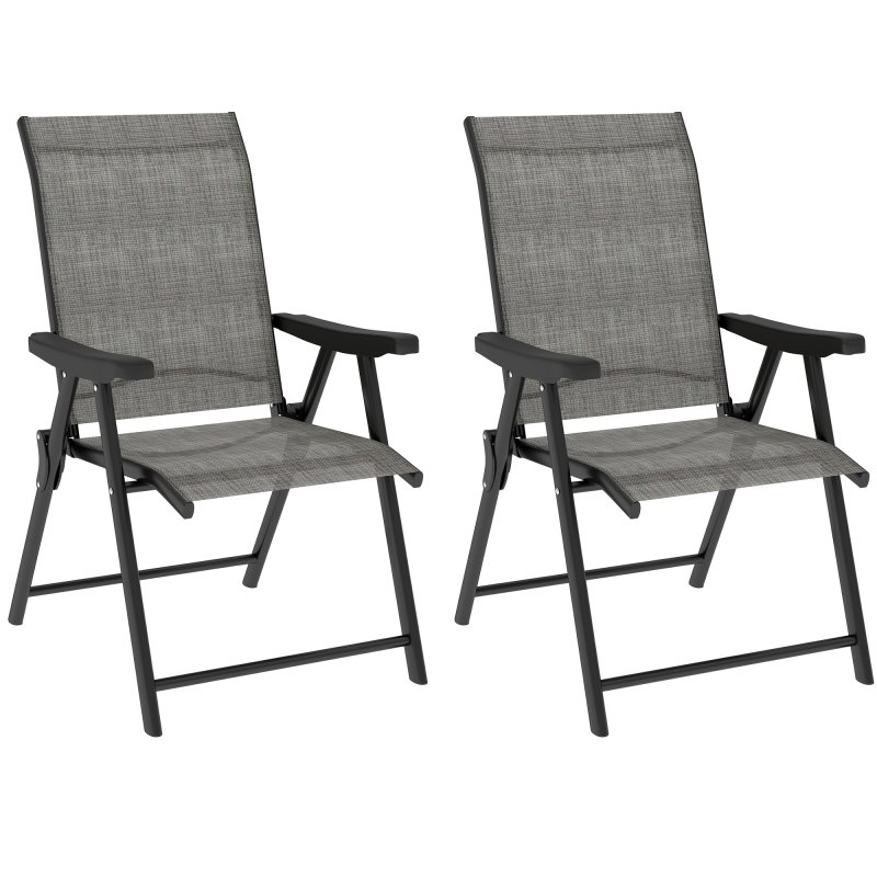 Outsunny Set of 2 Folding Chair, Garden Chair Set with Breathable Mesh Back and Seat, Outdoor Camping Chairs with Armrests, Steel Frame for Deck Balcony, Black and Grey