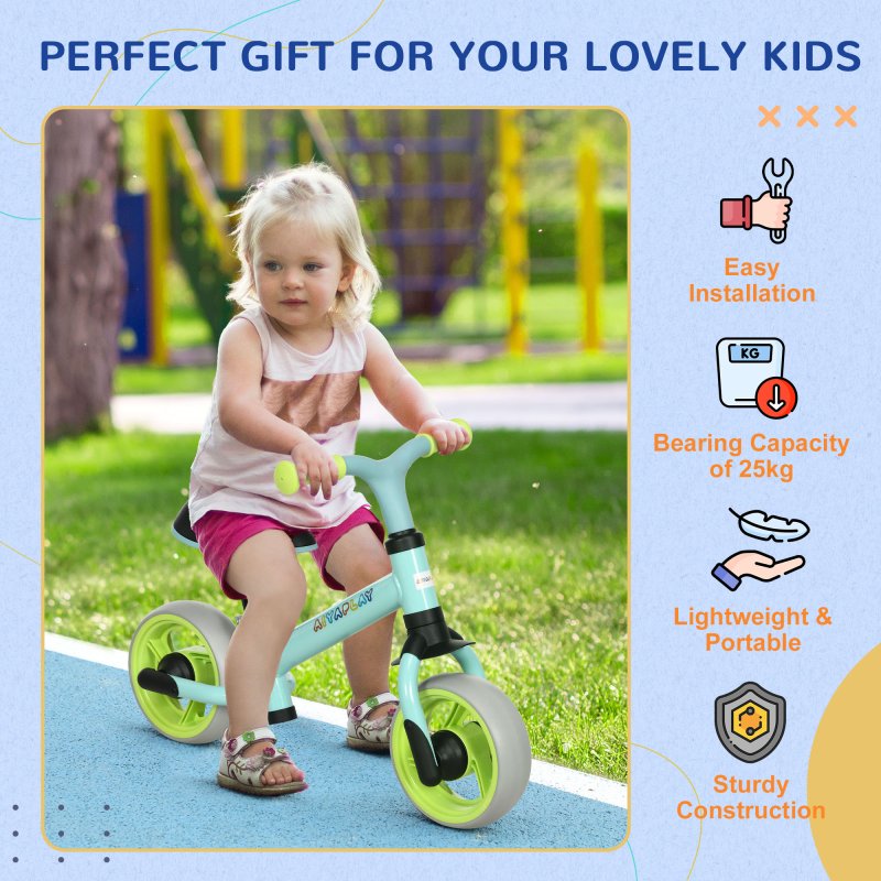 AIYAPLAY 8" Baby Balance Bike with Adjustable Seat, Lightweight Training Bike for Children with EVA Wheels, Easy Installation, No Pedals, for Ages 18-48 Months - Green