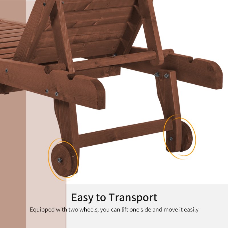 Outsunny Garden Patio Sun Lounger, Outdoor Wooden Sun Bed with Built-In Table, Reclining Backrest and Rolling Wheels for Sunbathing, Red Brown