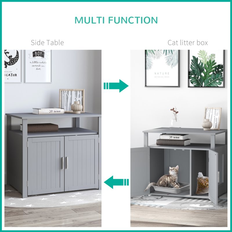 PawHut Wooden Cat Litter Box Enclosure Furniture with Adjustable Interior Wall & Large Tabletop for Nightstand, Grey