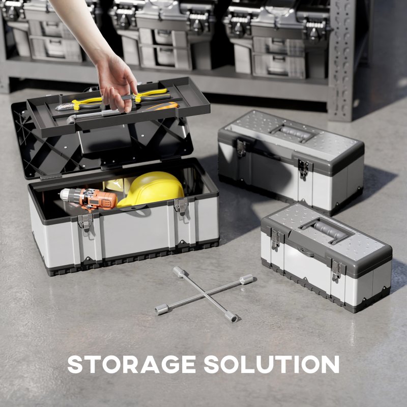 HOMCOM 3 Pieces Tool Box Set, 23"/ 19"/ 16" Powder Coated Stainless Steel Toolbox with Removable Tray, Handles, Latches, Heavy Duty Tool Case Storage for Workshop, Garage