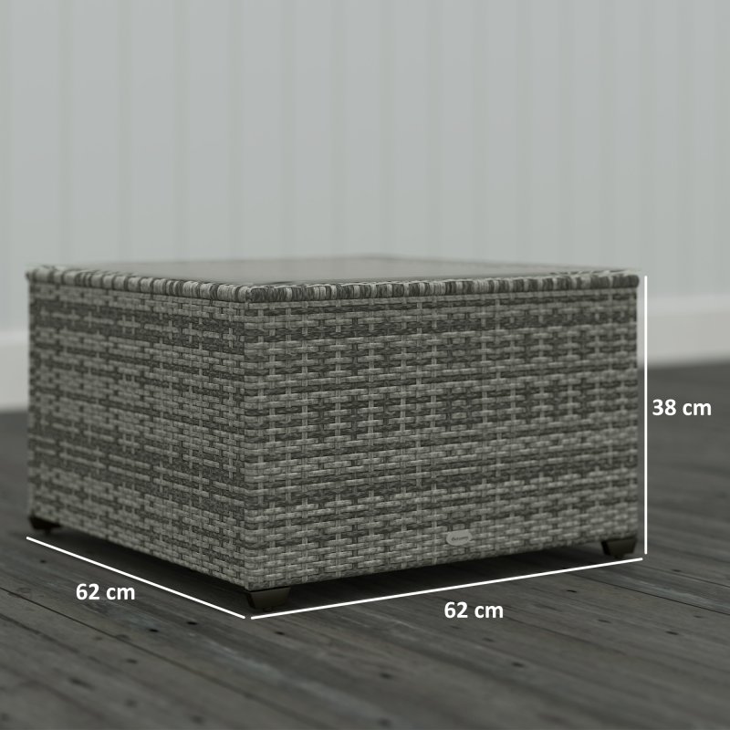 Outsunny Outdoor Coffee Table, PE Rattan Side Table with Tempered Glass Top, Wicker Square Garden Coffee Table End Table with Steel Frame for Patio, Balcony, 60 x 62 x 38cm, Light Grey