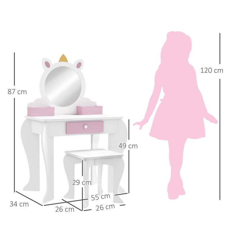 ZONEKIZ Kids Dressing Table Kids Vanity Table Girls Dressing Table with Mirror and Stool, Drawer, Storage Boxes, Unicorn Design, for Toddles Ages 3-6 Years - White and Pink