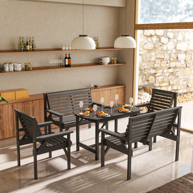 Outsunny 5 Piece Wooden Garden Dining Set for 6, Outdoor Conversation Set with 2 Armchairs, 2 Loveseats and Dining Table with Umbrella Hole for Patio, Balcony, Grey