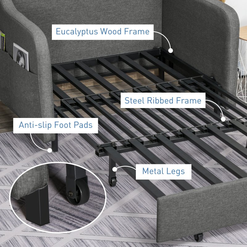 HOMCOM Pull Out Double Sofa Bed, Fabric 2 Seater Sofa Couch with Pillows and Side Pockets, Convertible Sleeper for Living Room, Grey