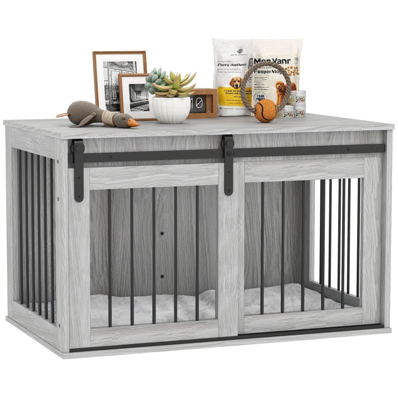 PawHut Dog Crate Furniture, Dog House Furniture Style for Large Breeds, Pet Kennel with Removable Cushion for Indoor Use, 98 x 58 x 61cm, Grey