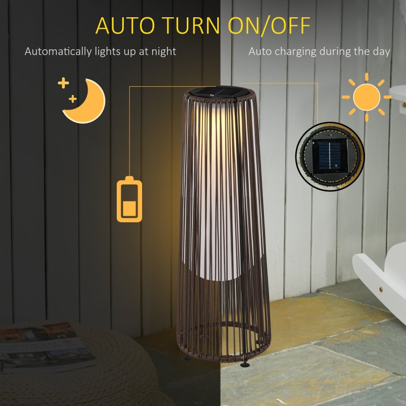 Outsunny Garden Rattan Lamp, 61 cm Tall Solar Rattan Floor Lamp, Solar Garden Light with Auto On/Off LED Light, IP44 Waterproof for Outdoor, Porch, Pathway, Terrace, Brown