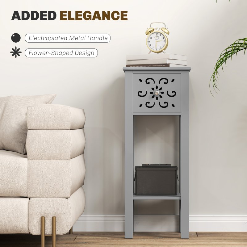 HOMCOM Side Table Set of 2, Bedside Table Set with Drawer and Storage Shelf, End Table Set with Elegant Flower-Shaped Design for Living Room Bedroom, Grey